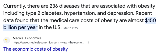 obesity is estimated to cost over 150 billion each year in productivity and health related diseases