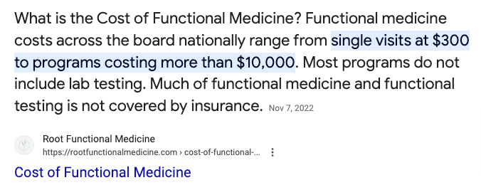 the average cost of functional medicine each year