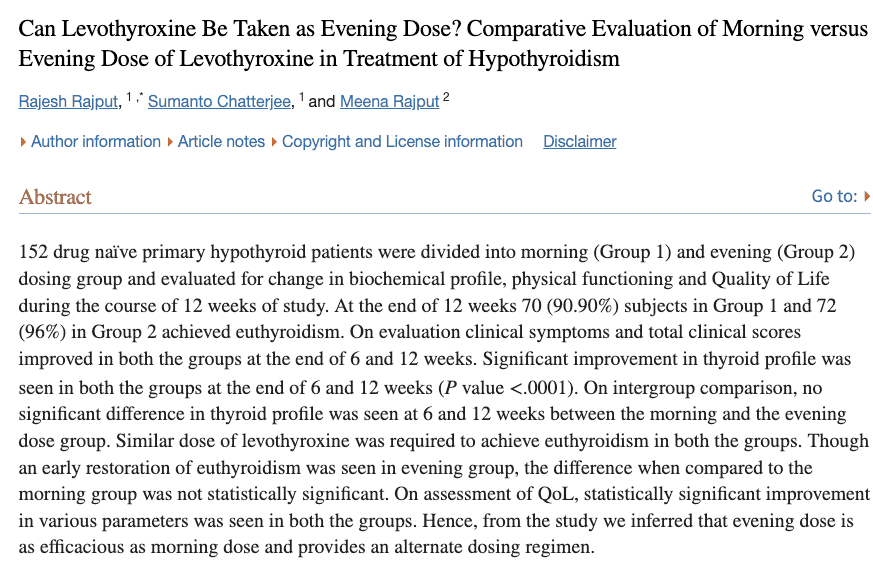 taking levothyroxine in morning vs night and impact on thyroid lab tests