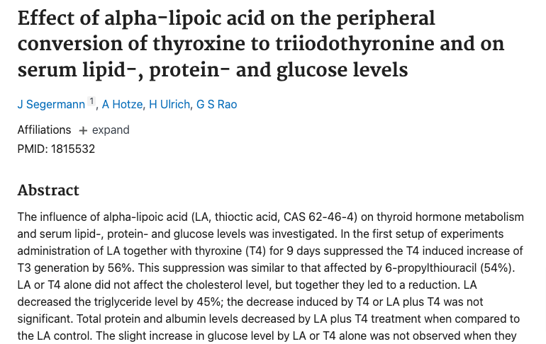 study showing that alpha lipoic acid may negative impact thyroid conversion