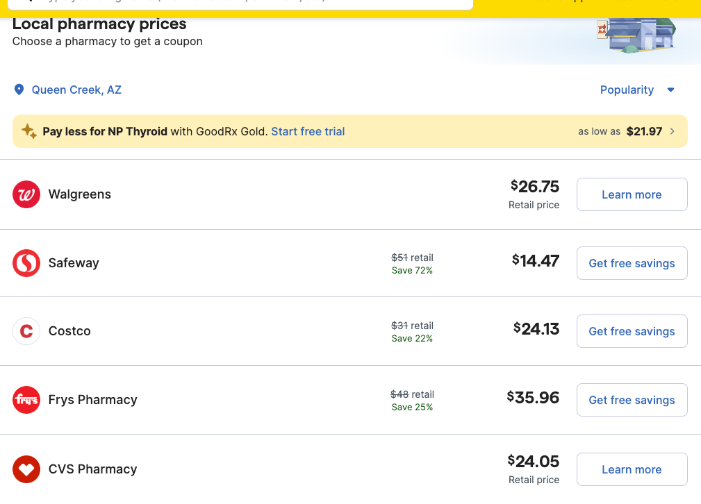 the cost of a 1 month supply of NP thyroid