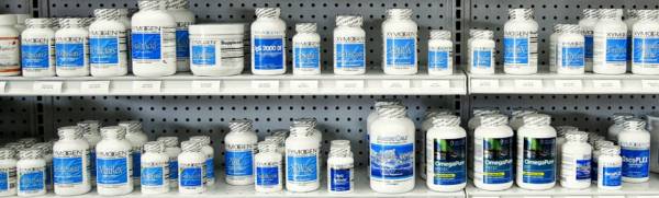 supplements lined up on a shelf