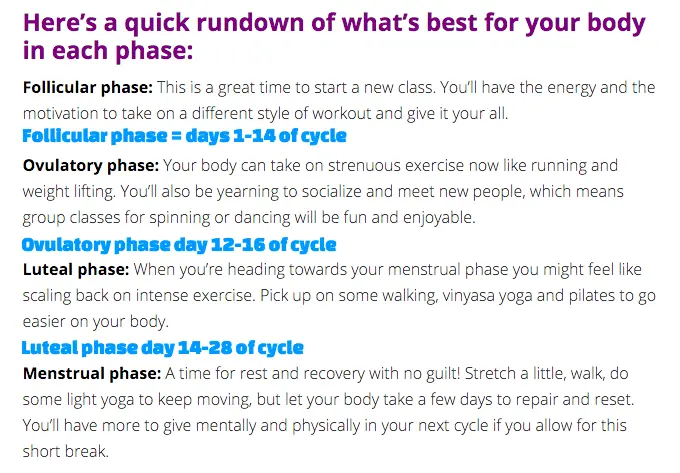 a breakdown of how to match exercises in women who seek to cycle sync their workouts. 