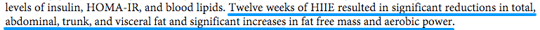 results from a study describing the effects of high intensity interval exercise on visceral fat, fat free mass, and aerobic power. 