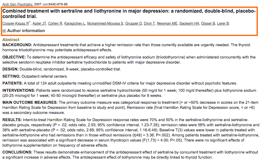 study showing the combined impact of liothyronine and sertraline on depression