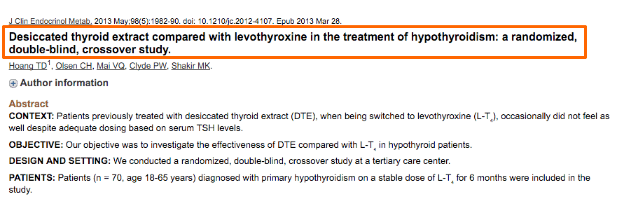 A study that compared the use NDT to levothyroxine with the title highlighted. 