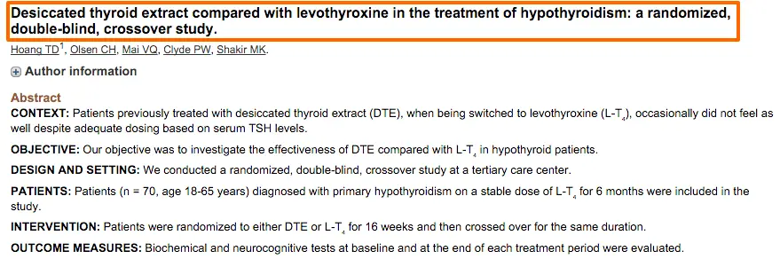 A study which compared the use of desiccated thyroid extract to levothyroxine with the conclusion highlighted at the end.