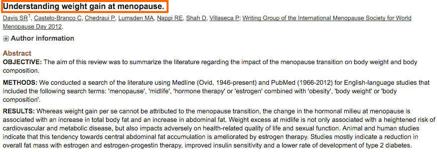 an abstract of a clinical study with the title highlighted which describes the causes of weight gain at menopause. 