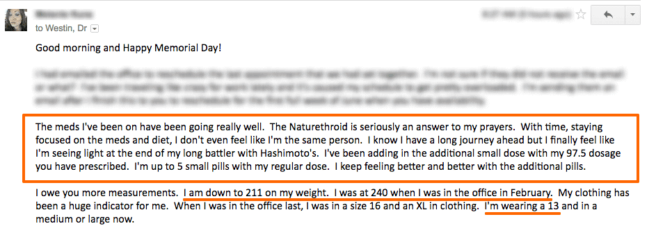 email from a thyroid patient giving her positive experience using nature-throid. 