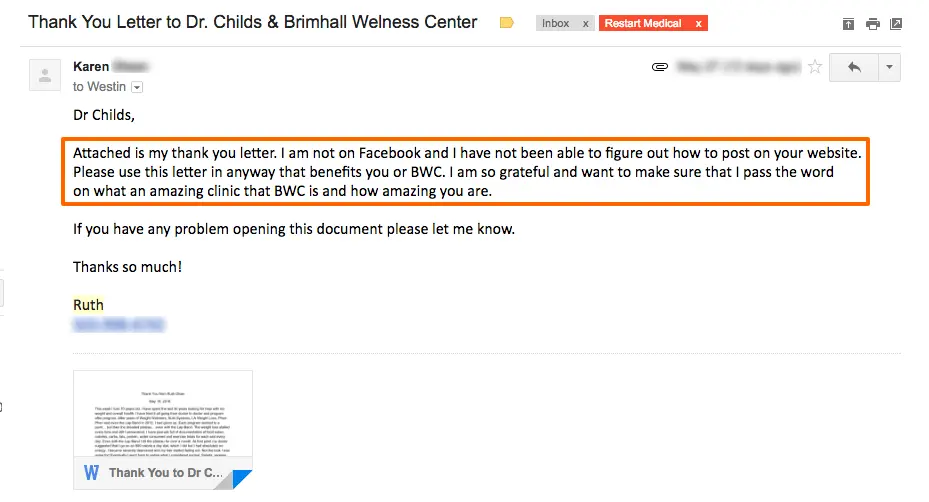 ruth's thank you letter and review included in an email to dr. westin childs.