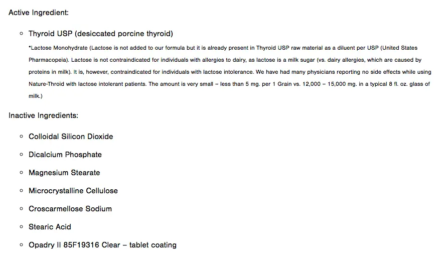 List of active and inactive ingredients found in nature-throid. 