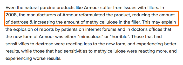 Text from another blog that highlights the change in the armour thyroid formulation in 2008. 