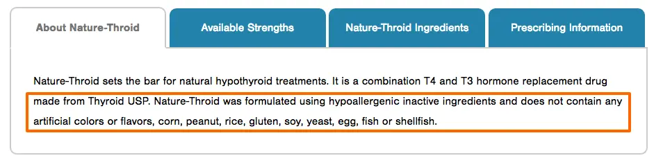 Highlights from the manufacturer regarding the hypoallergenic ingredients used in nature-throid. 