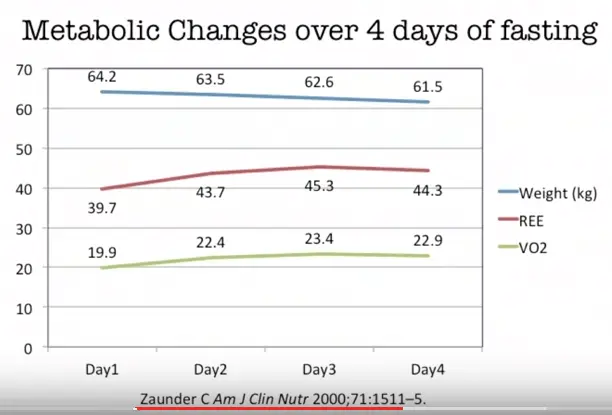 graph from a study which shows body weight, ree, and vo2 max over a 4 day fast in a patient. 