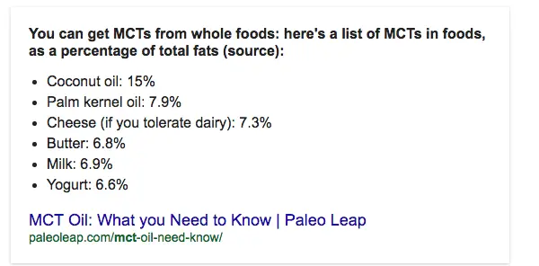 the percent of MCTs found in 6 different foods as a percentage of their total fat. 