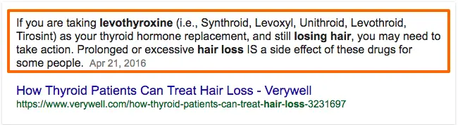 boxed in text from google search which shows that levothyroxine and other t4 medications can cause hair loss. 