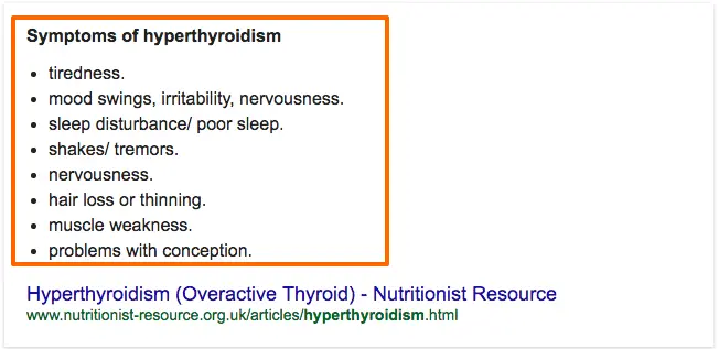 boxed in text highlighting the symptoms of hyperthyroidism. 