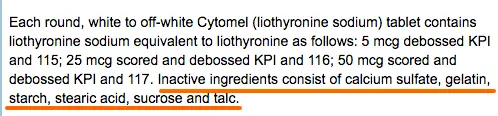 a complete list of inactive ingredients found in the off-white cytomel tablet which are all underlined.