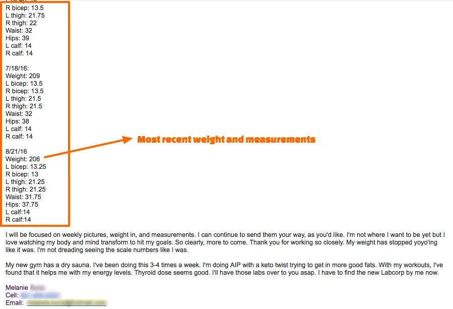 melanie's most recent measurements with an email from her stating her progress. 