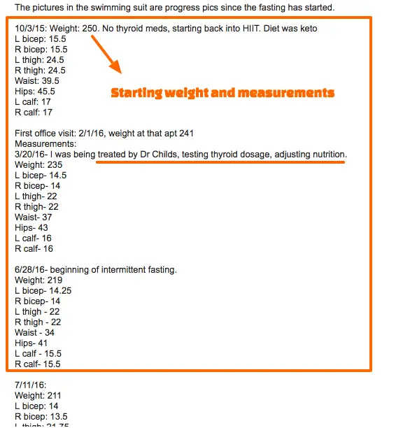 A list of melanie's measurements when she started dr. westin childs weight loss program and measurements throughout her journey. 