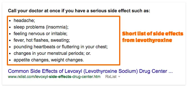 boxed in text showing the more serious and potentially life threatening symptoms of taking too much levothyroxine. 