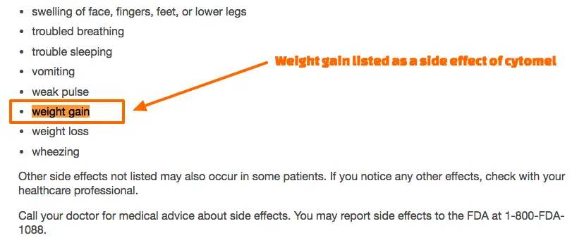 highlighted text showing that weight gain is a potential side effect of using cytomel. 