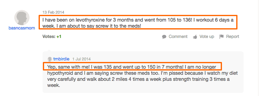 text from other thyroid patients from an online forum explaining how they gained weight while taking levothyroxine. 