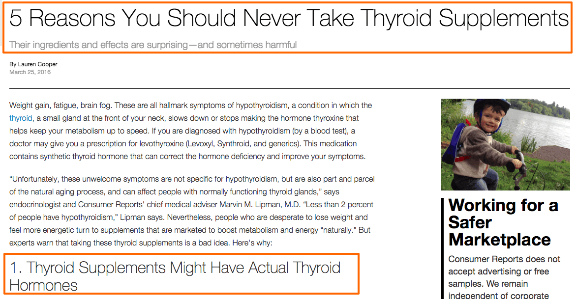 highlighted text from another article which outlines 5 reasons that thyroid supplements should never be used. 