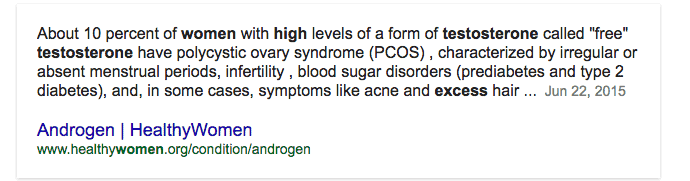 highlighted text which states that 10% of women with high testosterone have PCOS. 