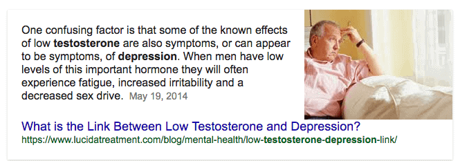 text from google which outlines the connection between depression and testosterone levels. 