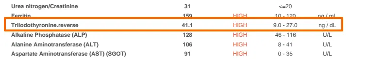 list of patient lab test results with an abnormal reverse T3 of 41.1 highlighted. 