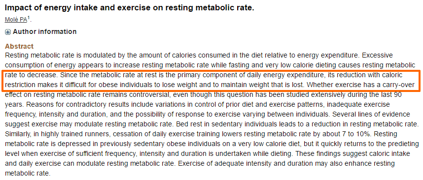 a study with text highlighted which describes the relationship between energy intake, exercise, and their effect on resting metabolic rate. 