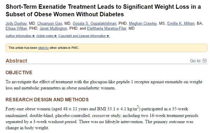 a study which shows that short term exanatide treatment leads to significant weight loss in obese women. 