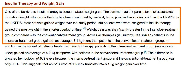 text from a study which is highlighted and describes the association between weight gain when using insulin as a medication and its implications for patients. 