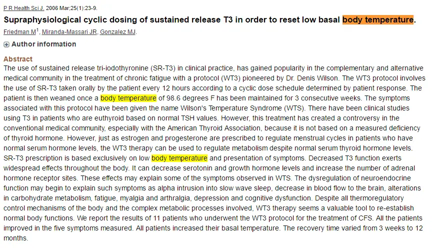 a study with highlighted text which discusses whether or not T3 medication can improve basal body temperature. 