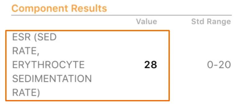 lab test results from a patient showing an elevated ESR rate of 28. 