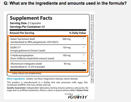 the supplement fact panel of a leptin support supplement that doesn't include clinical proven ingredients. 