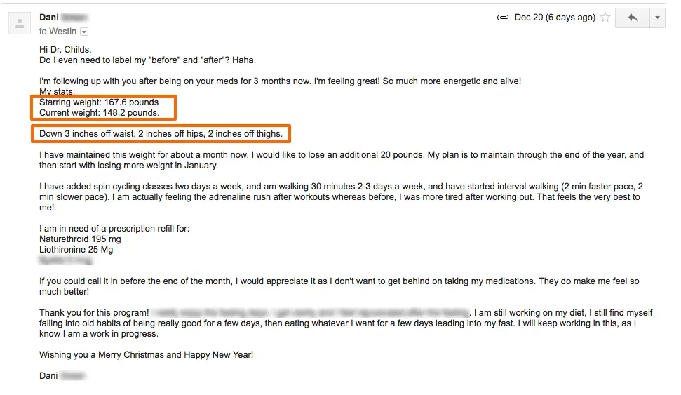 an email from a patient of dr. westin childs describing her weight loss results over 3 months. 