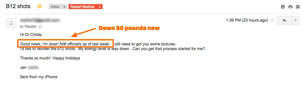 an updated email from a patient of dr. westin childs stating that she has lost 50 pounds total. 