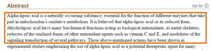 highlighted text from a study which describes what alpha lipoic acid is and how it compares to other vitamins. 