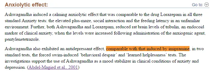 research study showing the antidepressant effect of ashwagandha was comparable to imipramine. 