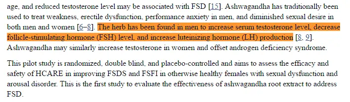 highlighted text from a study showing that ashwanadha may improve serum testosterone levels in men. 