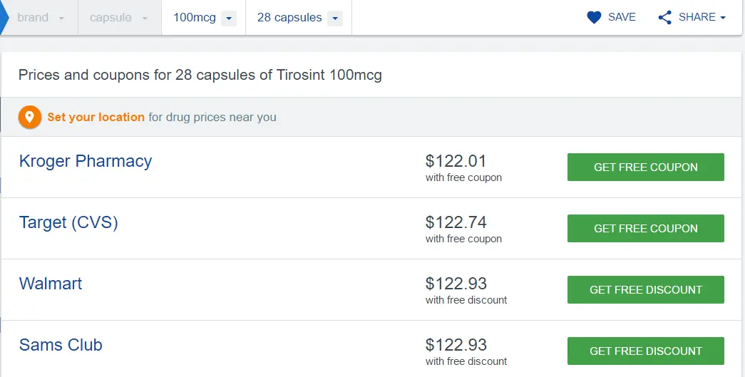 cash price of tirosint according to goodrx from local pharmacies. 