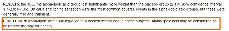 the conclusion of a study with highlighted text which shows that 1,800mg of alpha lipoic acid led to modest weight loss. 