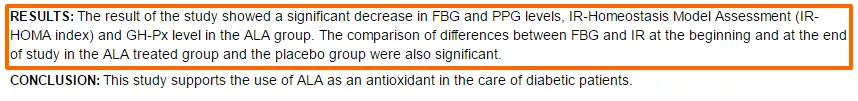 results from a study with highlighted text showing that alpha lipoic acid effects likely stem from its impact on insulin resistance. 