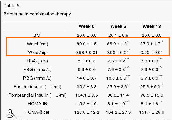 table from a study showing berberine combination therapy helped reduce waist and waist/hip measurements over 13 weeks. 