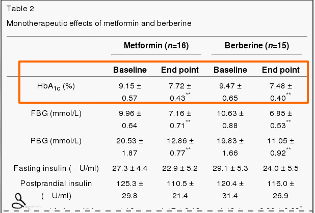 table from a clinical study showing the impact of berberine vs metformin on the hgb a1c level and that they are very similar to one another. 