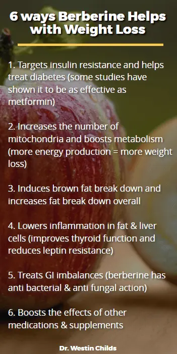 6 numbered ways that berberine can help with weight loss listed on an image with a background of an apple. 