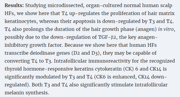 the results of a study which show the relationship between thyroid hormone (t4) and its impact on the hair growth phase. 