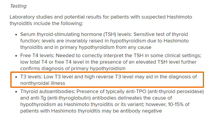 highlighted text which states that testing for t3 and reverse t3 may help aid in the diagnosis of nonthyroidal illness. 